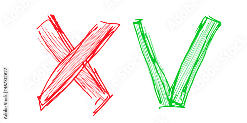  Acceptance and rejection symbol. Green checkmark OK and red X icons isolated on white background. Button for Check list marks, choice options, survey signs, vote, decision, web. Vector