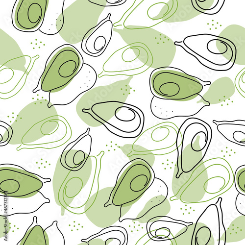 Avocado vector pattern. Food, abstract vegetables drawn by one line. Isolated backgrounds.