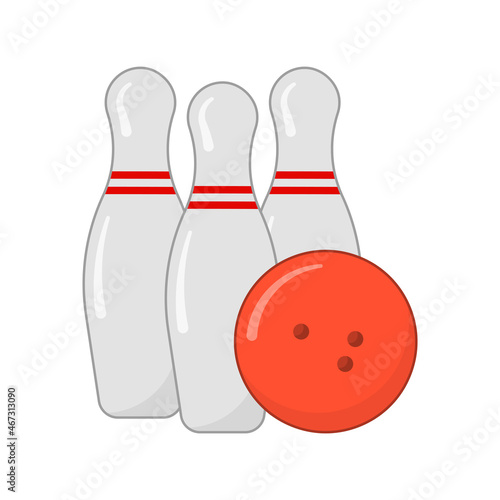 Cartoon icon of a bowling ball and three pins. A simple isolated vector on a pure white background.