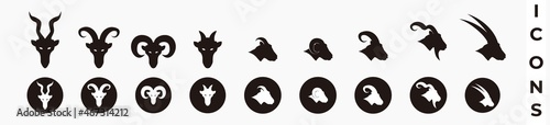 goat, sheep, lamb, big horn goat head icon set. silhouette head goat