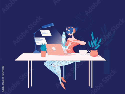 Digital freelancer woman developer launching digital product from laptop late night with clock in the background