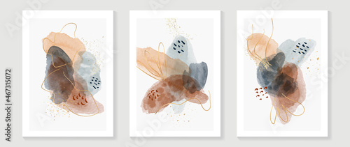 Abstract organic art background vector. Hand painted Fluid, curving forms and muted mid-century colors with watercolor stain texture and golden line art. Good for invitation, poster, prints, wall art