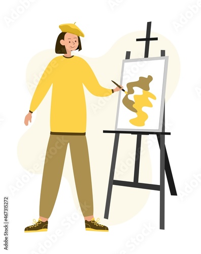 An artist in a beret with a brush at an easel. Creativity and art. Vector illustration.