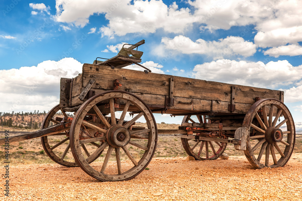 Old fashioned horse-drawn wagon, pioneer style. Vintage Americana buggy as used in the wild west, California