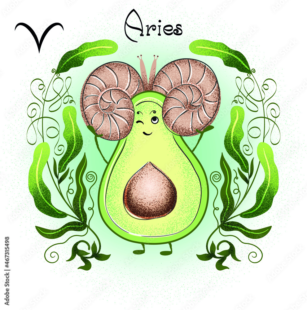 Astrological sign of the zodiac Aries. Vector funny avocado character