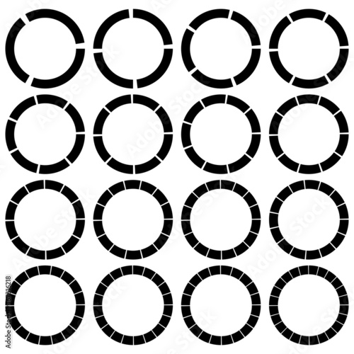 Segmented, divided circles with 3, 4, 5, 6, 7, 8, 9, 10, 12, 14, 15, 16, 18, 20, 22, 24 parts, sections. Pie chart, pie graph-like infographic, presentation design element