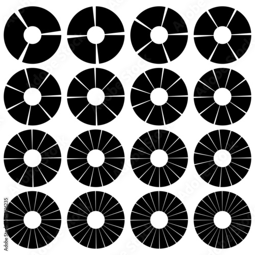 Segmented, divided circles with 3, 4, 5, 6, 7, 8, 9, 10, 12, 14, 15, 16, 18, 20, 22, 24 parts, sections. Pie chart, pie graph-like infographic, presentation design element