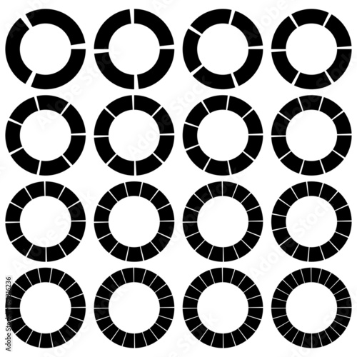 Segmented, divided circles with 3, 4, 5, 6, 7, 8, 9, 10, 12, 14, 15, 16, 18, 20, 22, 24 parts, sections. Pie chart, pie graph-like infographic, presentation design element