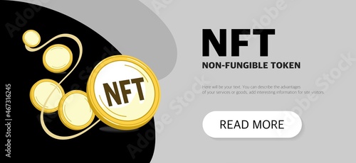  NFT Non-fungible token on golden coin icon. Website page template. Flat vector illustration.