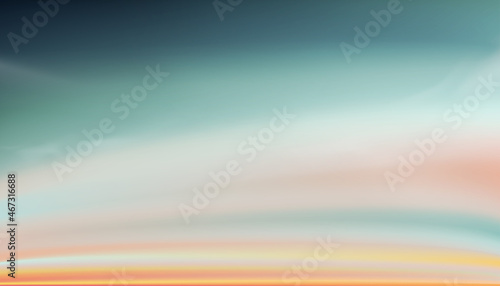 Pastel Sky in blue, orange, peach, light green colour Background, Dramatic twilight landscape with Sunset in evening,Vector horizon Sunrise in Morning banner of Sunlight for four season backdrop