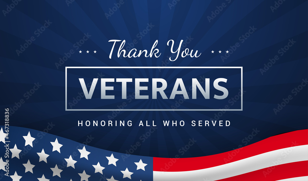 Thank you Veterans - Honoring all who served vector illustration. USA flag waving on blue background. Veterans day card - obrazy, fototapety, plakaty 