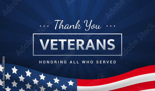 Thank you Veterans - Honoring all who served vector illustration. USA flag waving on blue background. Veterans day card