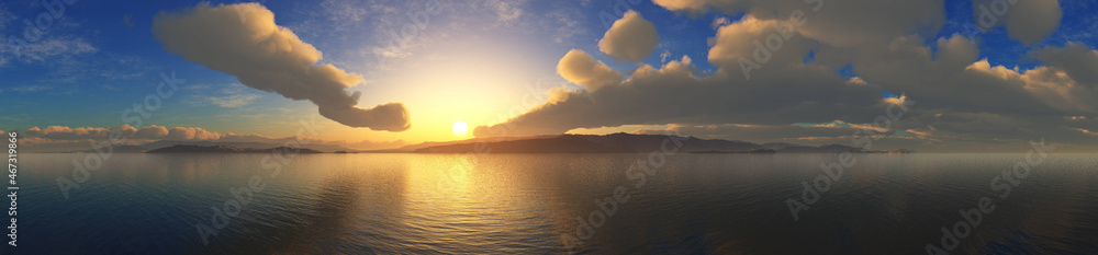 Ocean at sunrise, sunset at sea, panorama of seascape, 3D rendering