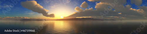 Ocean at sunrise, sunset at sea, panorama of seascape, 3D rendering © ustas