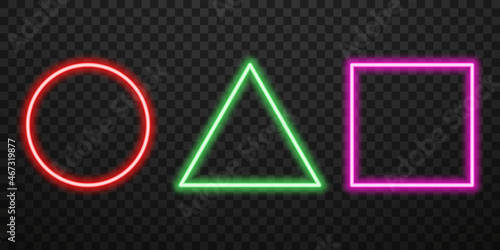 Glowing Neon Frames on Transparent Background. Frames of Game with Neon Colored Border in Different Geometric Shapes. Isolated Vector Illustration