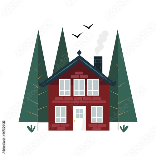 Cute north style Scandinavian house in the woods, flat style vector illustration