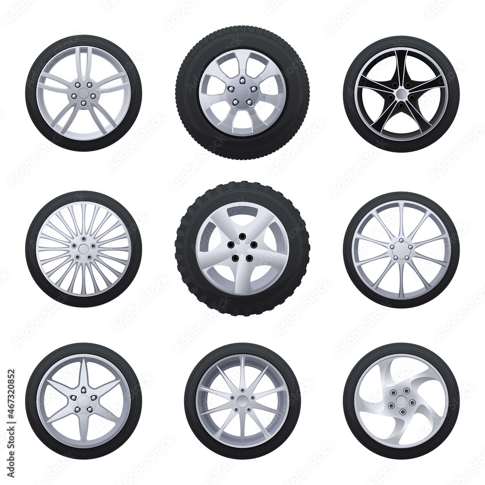 Set of car tires. Summer and winter tires for driving in different weather conditions. Wheels for different types of cars. Car wheels. Vector illustration