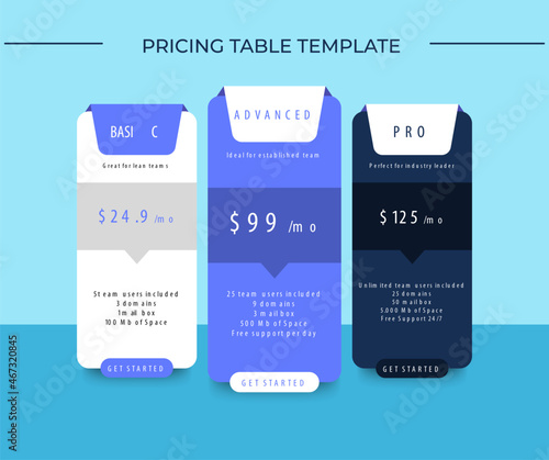 Modern clean pricing subscription table template for website
