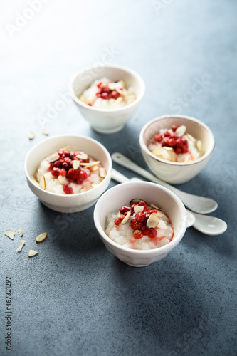 Traditional homemade rice pudding with wild strawberry 