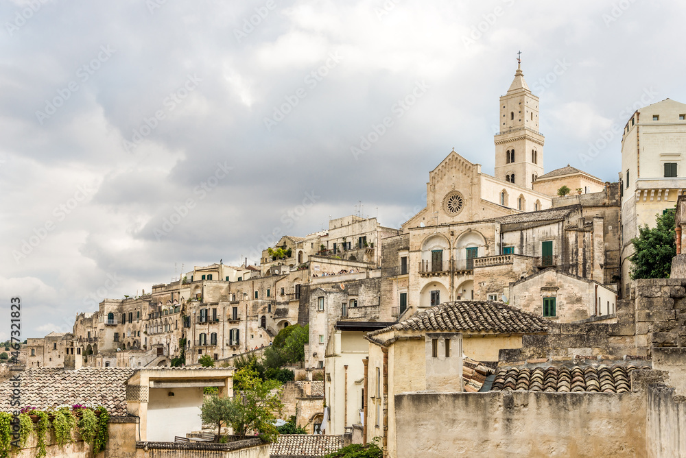 View at the Ancient town (Sassi) of Matera with Cathedral of Madonna della Bruna and Saint Eustace - Italy