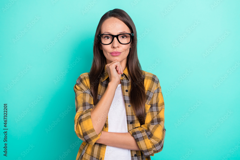 Photo of teacher mature brunette lady thought wear spectacles yellow shirt isolated on turquoise color background Photo of teacher mature brunette lady thought wear spectacles yellow shirt isolated on turquoise color background