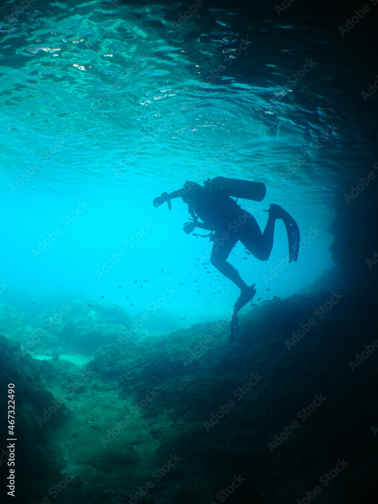scuba diver , cave , curacao island scuba diver , cave , curacao island