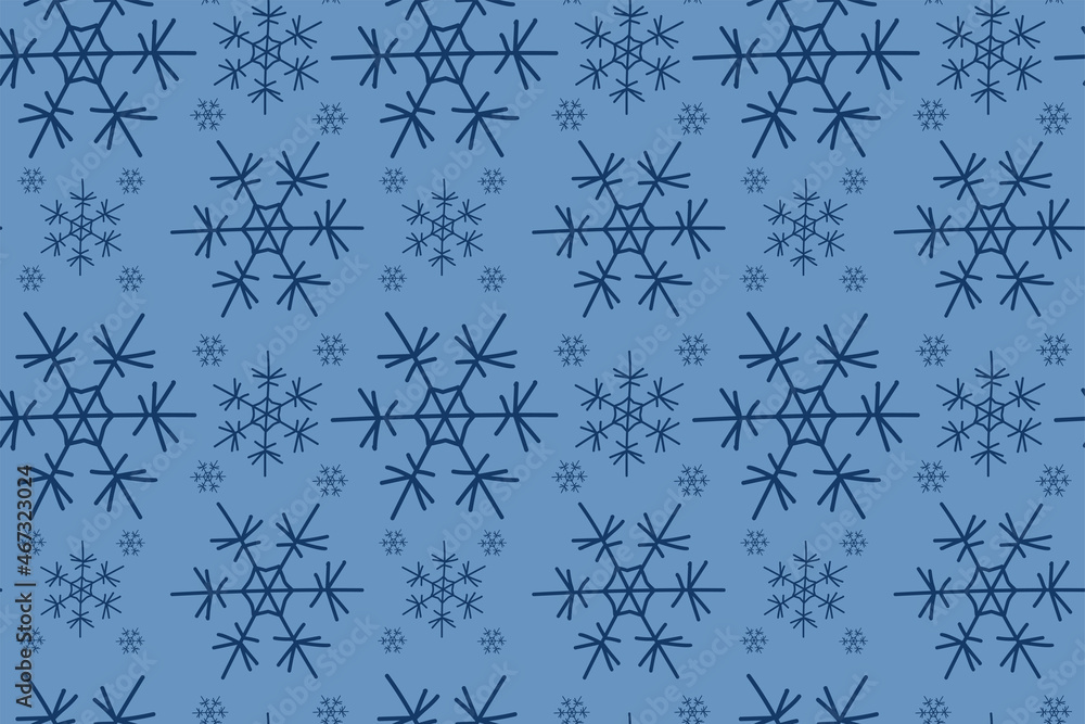Christmas design elements blue snowflakes on a blue background. Vector hand drawn seamless pattern. Snow flakes, snow background for design, packaging, print, fabric, printing, printable decor.
