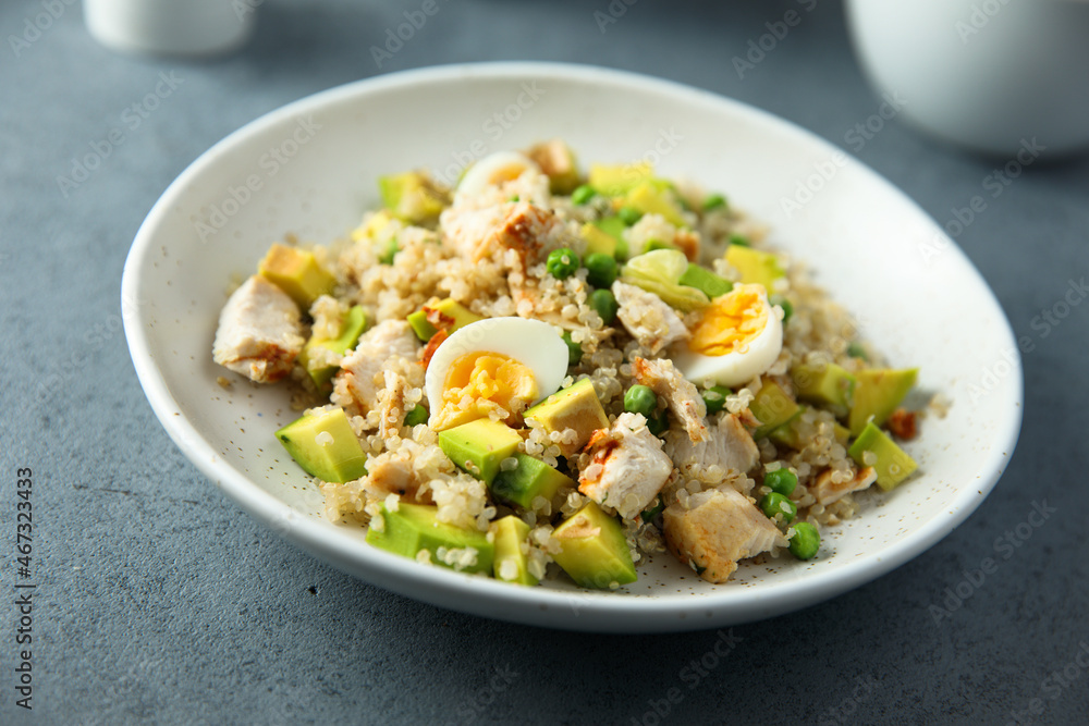 Healthy quinoa bowl with chicken, avocado and eggs