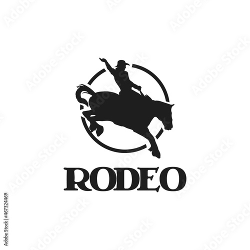 Rodeo retro logo with cowboy horse rider silhouette
