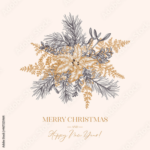 Arrangement with traditional winter plants.