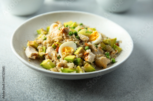 Healthy quinoa bowl with chicken, avocado and eggs