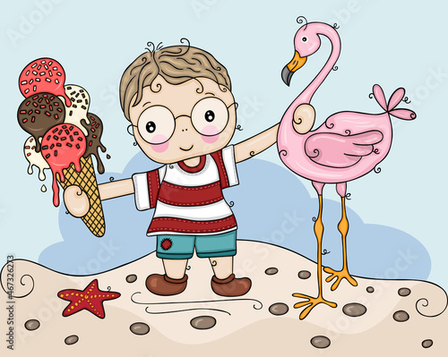 Summer card of cute boy on beach with ice cream and flamingo
