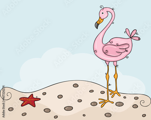 Summer beach landscape with pink flamingo

 photo