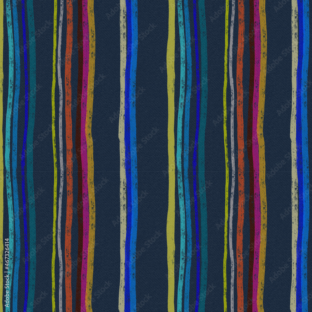 Seamless striped pattern on fabric texture. Handmade work. Multicolored vertical stripes of paint on a blue background. Design of towels, bed linen, curtains, fabrics, textiles.