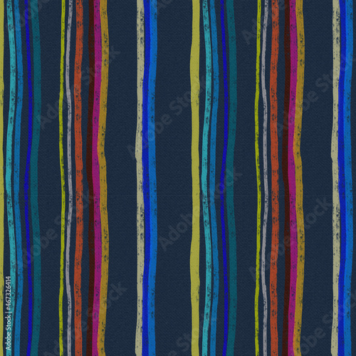 Seamless striped pattern on fabric texture. Handmade work. Multicolored vertical stripes of paint on a blue background. Design of towels, bed linen, curtains, fabrics, textiles.