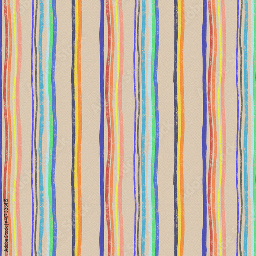 Seamless striped pattern on fabric texture. Handmade work. Multi-colored vertical stripes of paint on a beige background Design of towels, bed linen, curtains, fabrics, textiles.