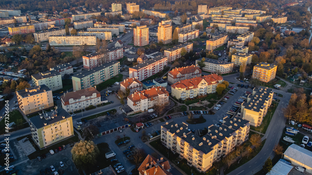 Aerial view of Stogi district in Gdansk. A beautiful autumn day. Blocks, streets, road transport.