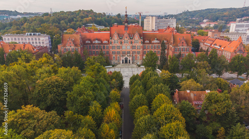 Gdańsk University of Technology and a beautiful autumn park. Gdansk, Poland.