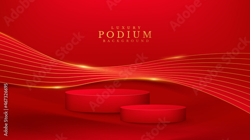 Realistic red podium with golden curve line on back and glitter light effects elements, Luxury banner background.