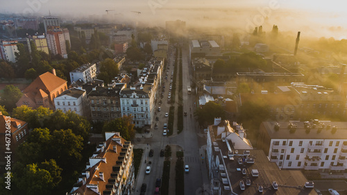 Aerial view of the Lower Town in Gdansk. Light fog and autumn climate. A wonderful  magical atmosphere of the most beautiful cities in Poland.