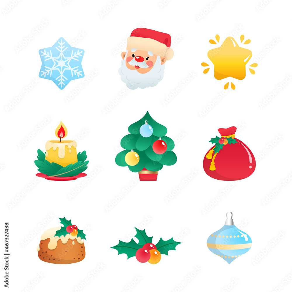 Set of cartoon Christmas icons. Collection of winter holiday symbols: a Santa Claus, a star, a holly berry, a fir tree, a christmas ball, a Santa Claus bag, a snowflake, a pudding, and a candle. Set of cartoon Christmas icons. Collection of winter holiday symbols: a Santa Claus, a star, a holly berry, a fir tree, a christmas ball, a Santa Claus bag, a snowflake, a pudding, and a candle.