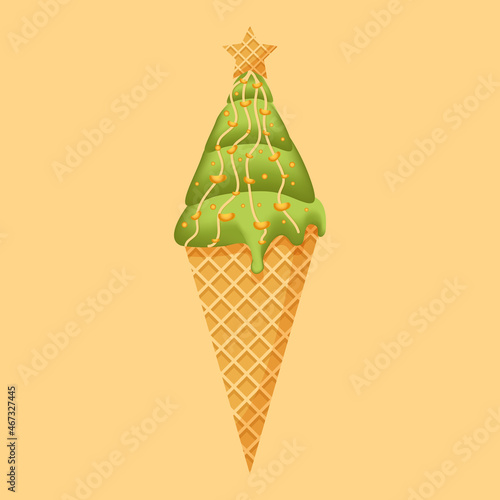 Ice cream in the shape of a Christmas tree. Christmas ice cream with a star. Vector illustration.