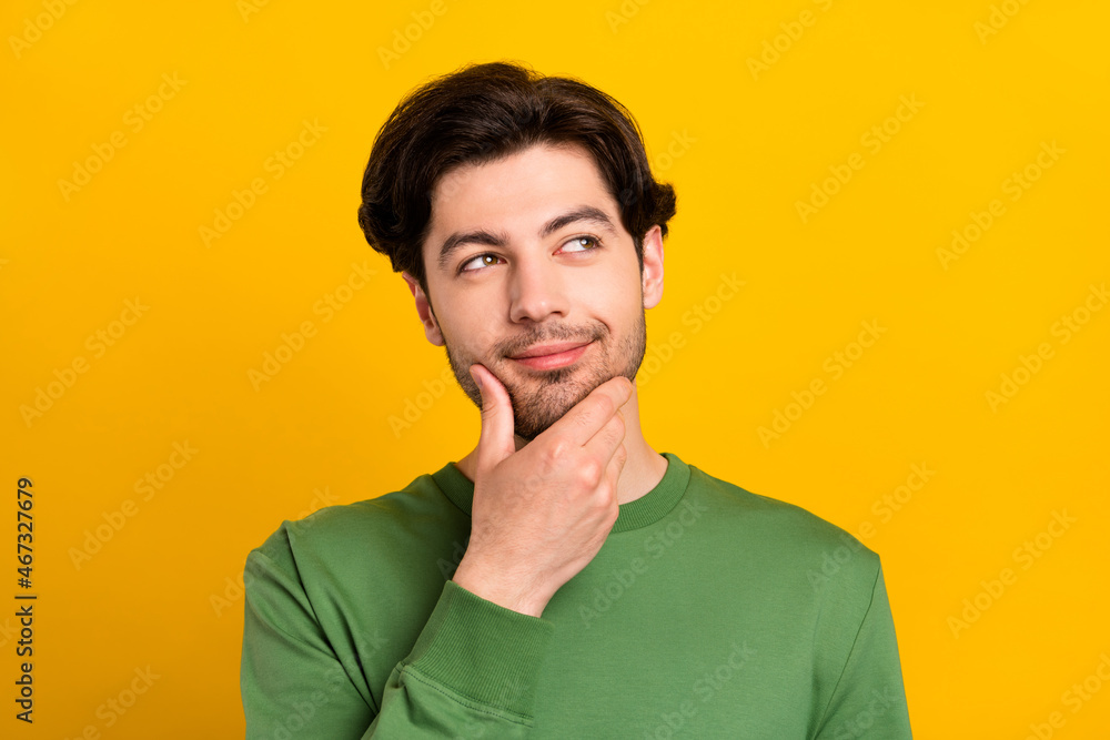 Photo of young happy minded thoughtful man look empty space idea plan smart isolated on yellow color background Photo of young happy minded thoughtful man look empty space idea plan smart isolated on yellow color background