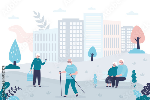 Elderly couple resting in park on bench. Aged man walks outdoors with sticks. Active lifestyle of retired