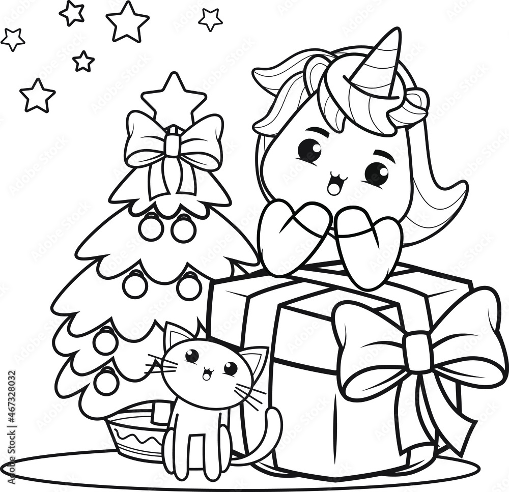 Christmas coloring book with cute unicorn