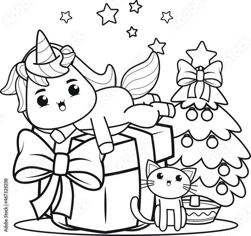 Christmas coloring book with cute unicorn