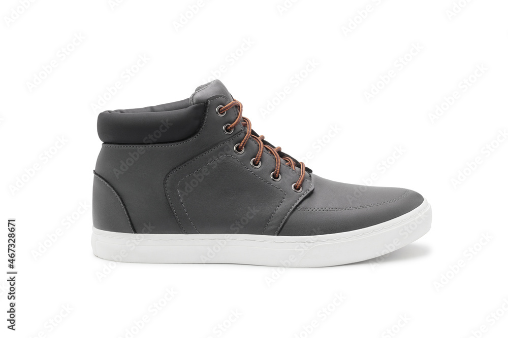 New autumn grey trendy boot isolated on white background. High-top sneaker on white. Concept of advertising demi-season shoes.