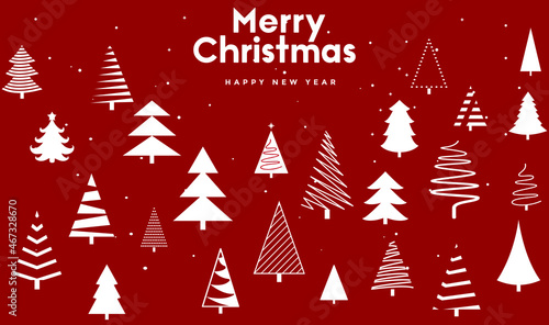 Christmas and new year red greeting card with set of white Christmas trees