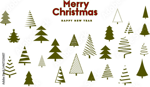 Christmas and new year white greeting card with set of green Christmas trees