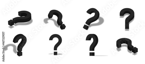 Black question mark 3d icon illustration with different views and angles
